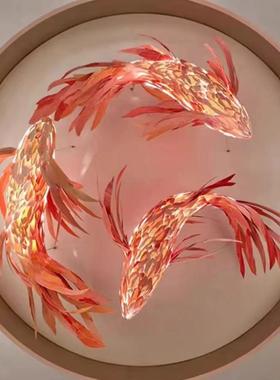 红色鱼形吊灯新中式餐厅火锅店饭店造型灯民宿酒店木皮鱼灯大厅鱼