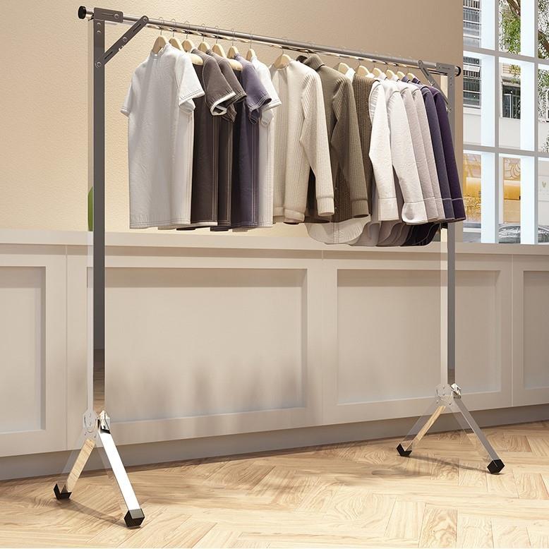 不锈钢晾衣架落地单杆式折叠室内阳台简易挂衣服伸缩杆卧室晒衣架