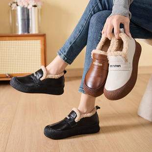 一脚蹬保暖鞋 妈妈鞋 中老年皮鞋 加绒防滑真皮软底宽脚女单鞋 秋冬季