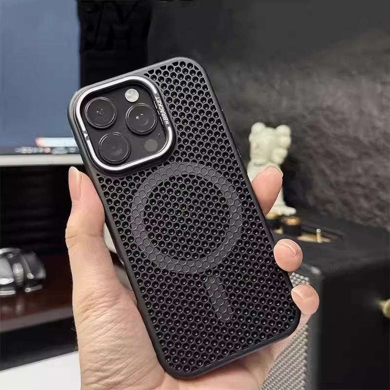 金属镜头隐形支架适用苹果16promax磁吸手机壳iPhone15pro散热网孔透气14plus全包防摔保护套ip13/12小众蜂窝