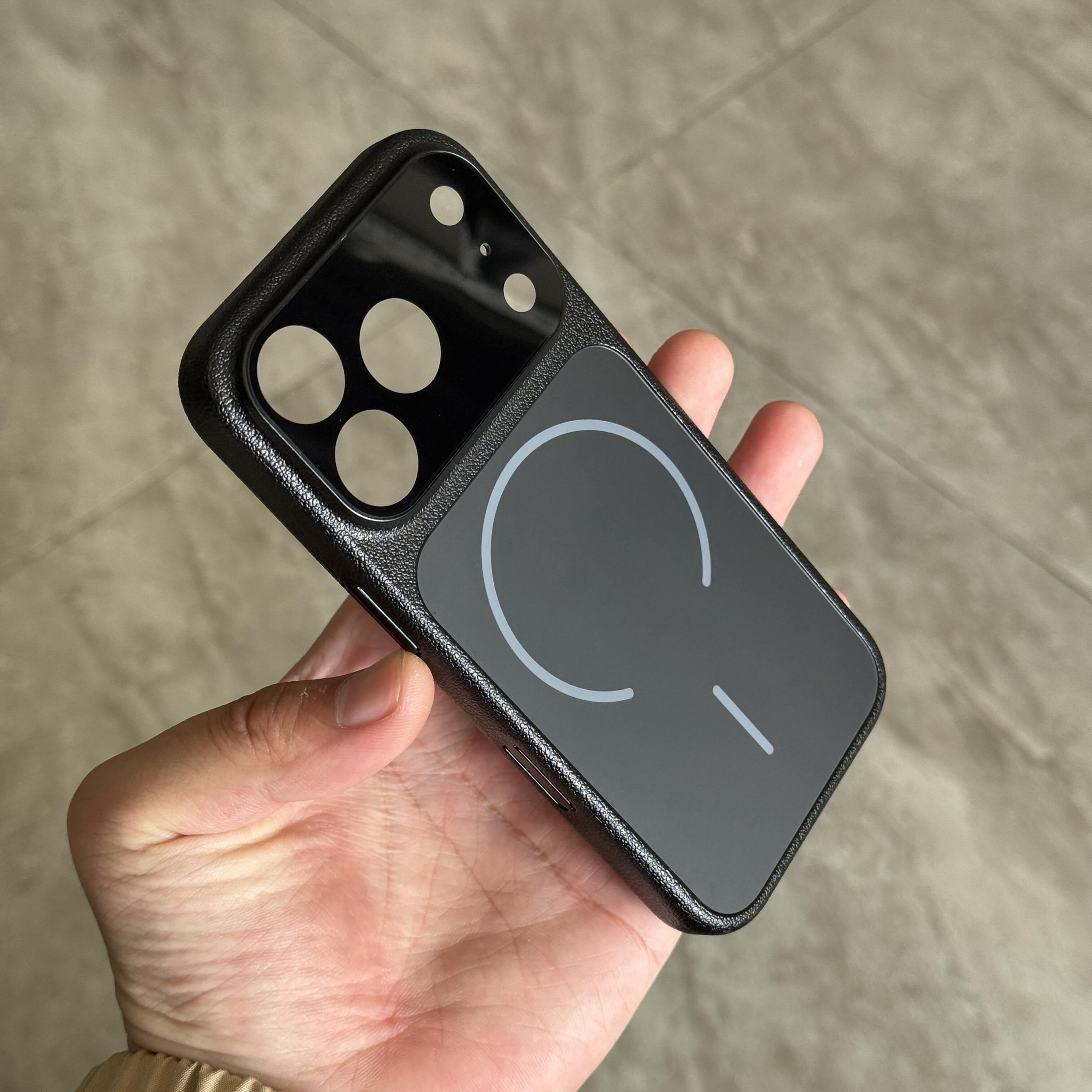 黑色皮纹细圈磁吸秒变适用苹果17promax手机壳磨砂玻璃iPhone16/15pro金属按键14/13promax防指纹防滑男女新