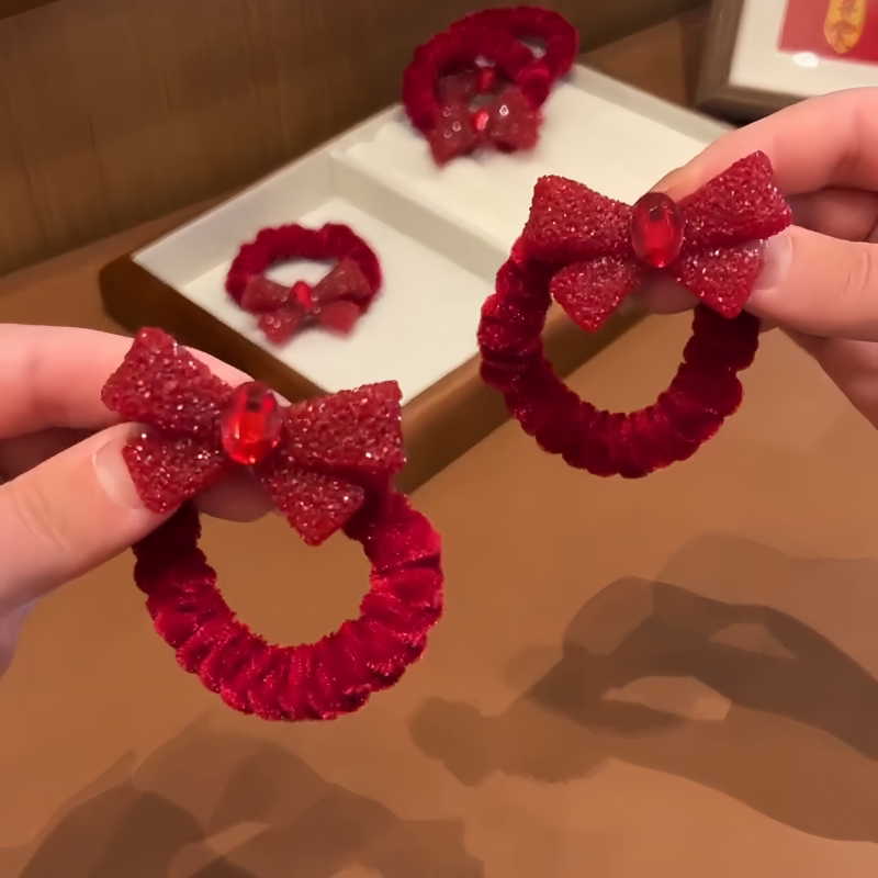 新年红色蝴蝶结头绳女2026新款高级感丝绒发圈扎头发绳耐用皮筋