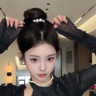 韩系千金公主风丝绒珍珠大肠发圈高级感低丸子头发绳气质头绳发饰