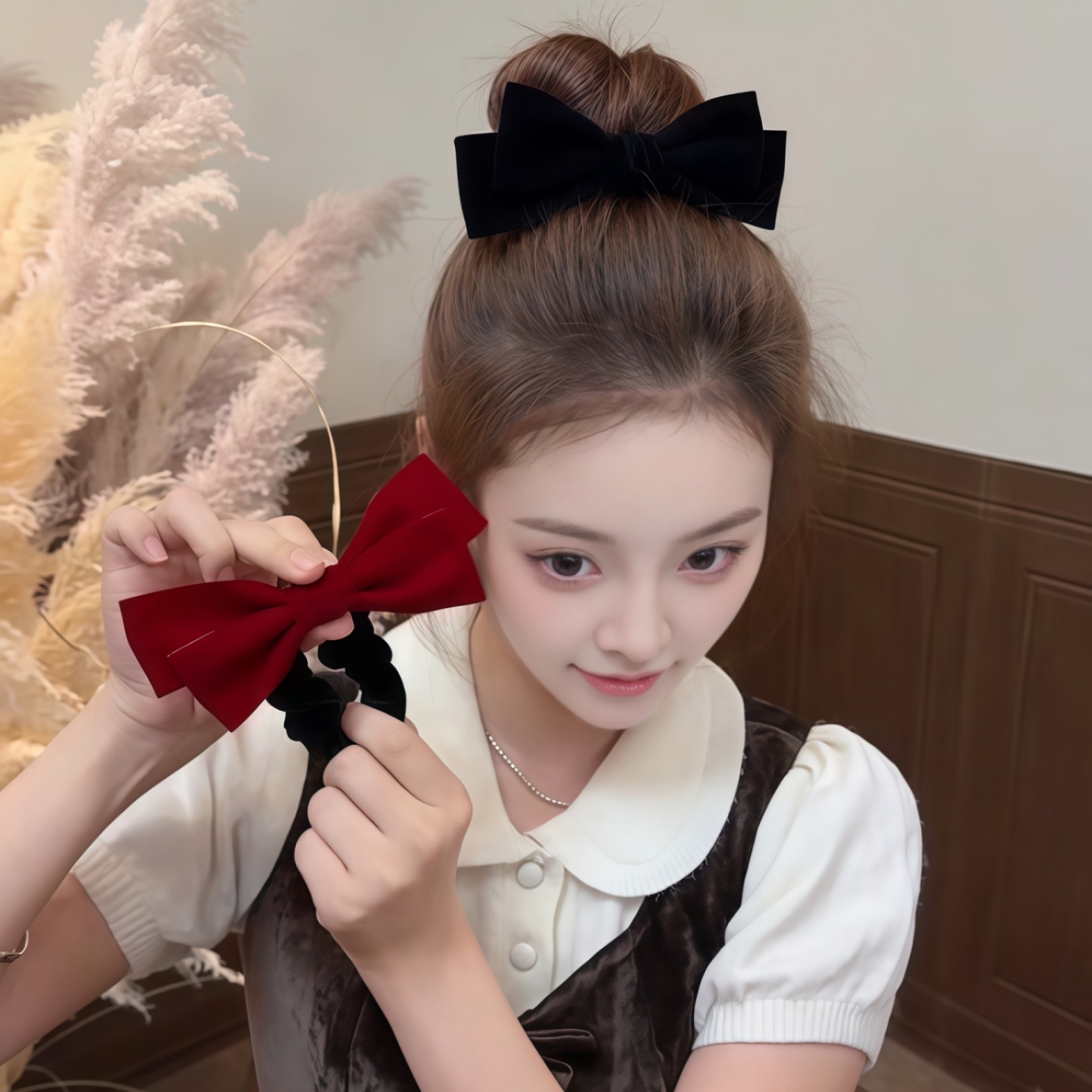 新年酒红色丝绒蝴蝶结发绳