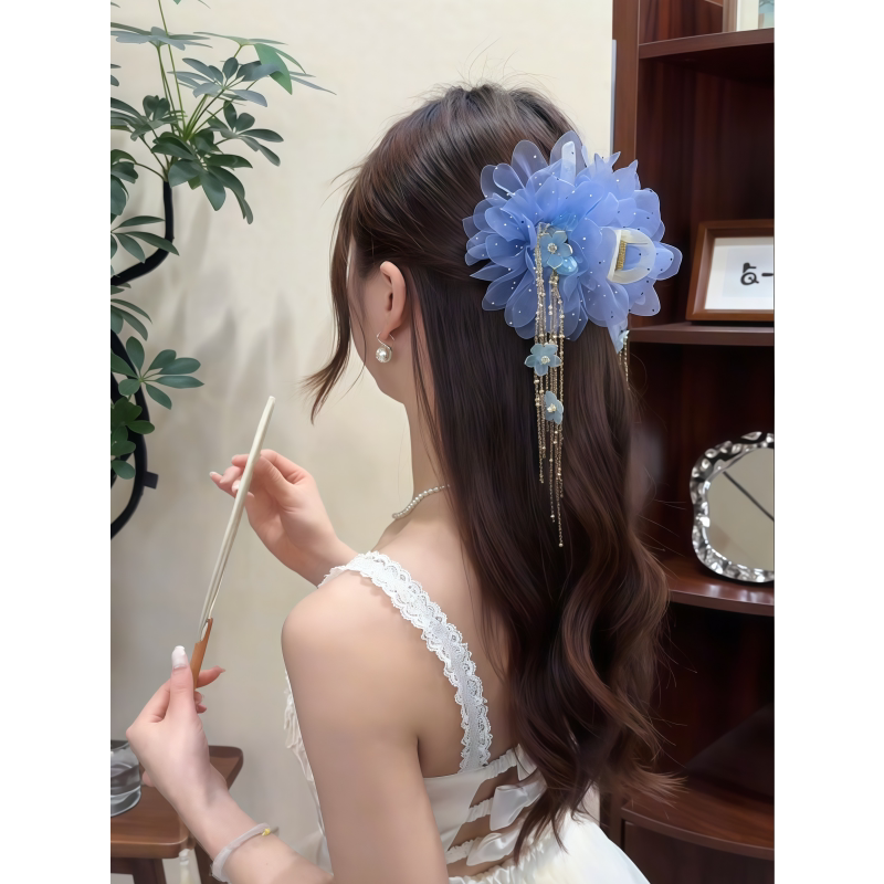 轻奢牡丹花网纱流苏抓夹女高级感发夹后脑勺鲨鱼夹盘发发卡头饰