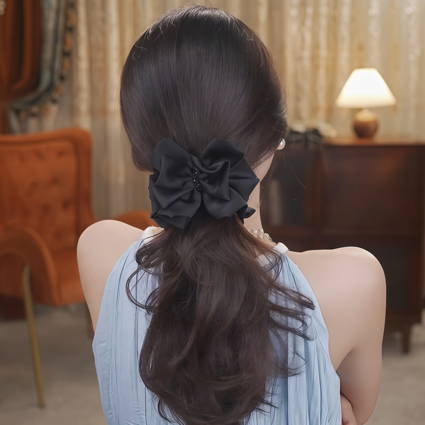 蝴蝶结丸子头发夹女2025新款高级感黑色缎面气质半扎发马尾夹抓夹