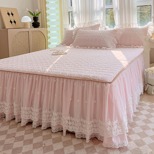 韩版 通用 纯色夹棉床裙式 床罩单件高级感蕾丝花边公主风床围裙四季