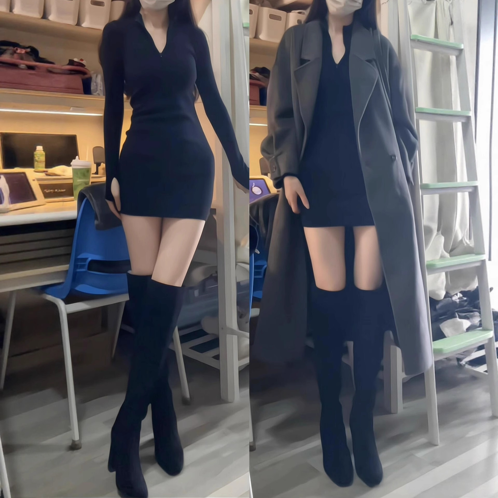 黑色辣妹修身针织连衣裙女秋冬款气质深秋初冬大衣内搭紧身包臀