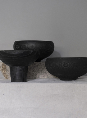 后弄侘寂风复古黑色碳化木托盘花器果盘酒店民宿桌面摆件软装饰品