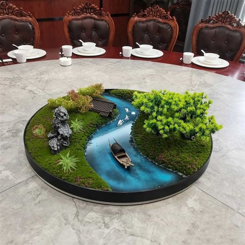 酒店大圆桌中间景观摆件新中式山水装饰餐厅工艺品转盘桌花