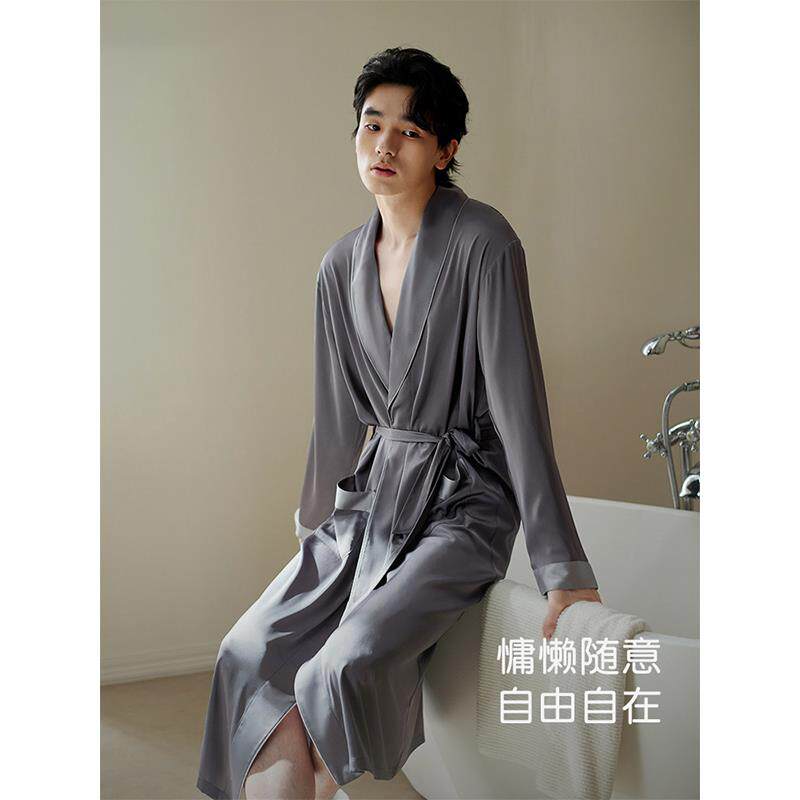 高端2026新款真丝绸男士睡袍春秋款冰丝长袖睡衣浴袍大码一体式