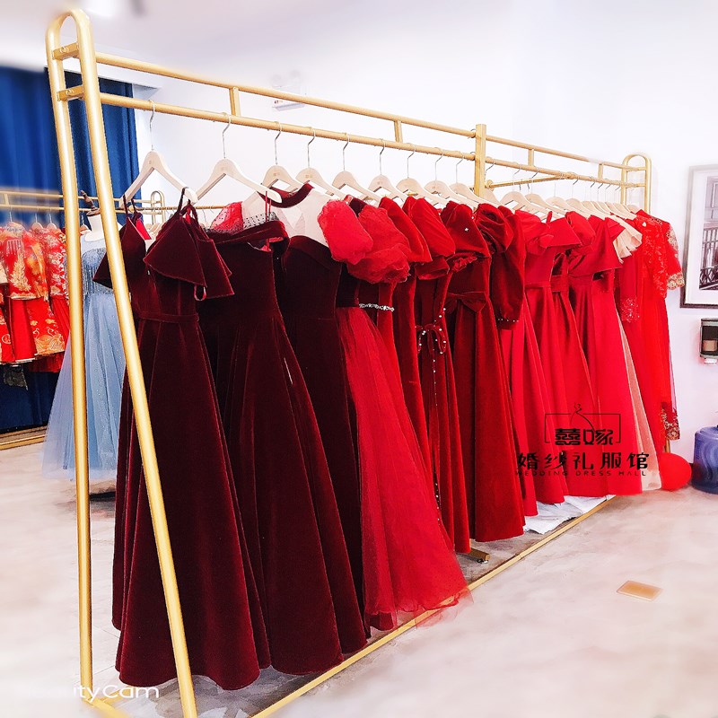 高档婚纱展示架落地式影楼礼服秀禾服陈列货架金色拖尾婚纱挂衣架