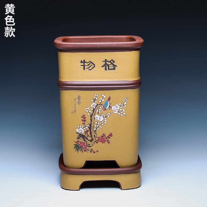 高宜兴紫砂花盆陶瓷大高档简约客厅竹节四方君子兰花盆带托盘精品