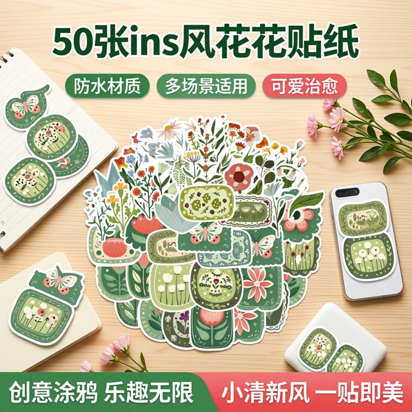 50张ins风小清新卡通花花贴纸
