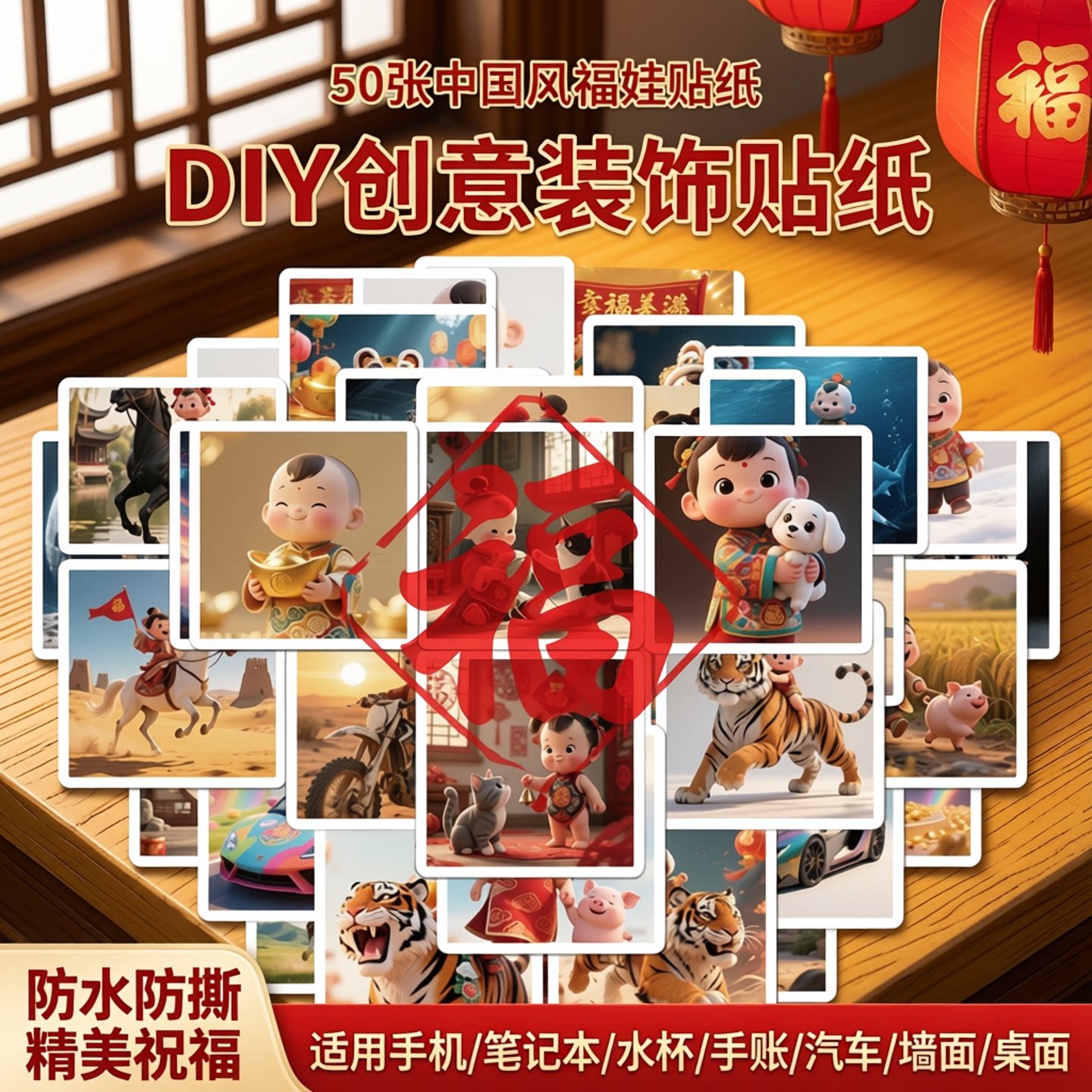 50张中国风小福娃美好祝愿装饰贴纸diy手机壳笔记本电脑水杯手账本汽车机车礼盒墙面桌面不干胶防水文具贴纸