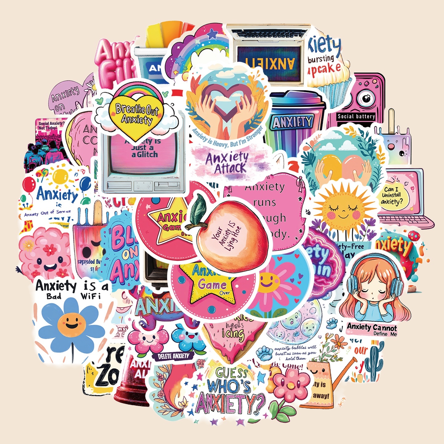 50张卡通小清新英文简约贴纸diy手机壳笔记本电脑水杯行李箱充电宝桌面手账素材墙面吉他防水文具装饰贴纸