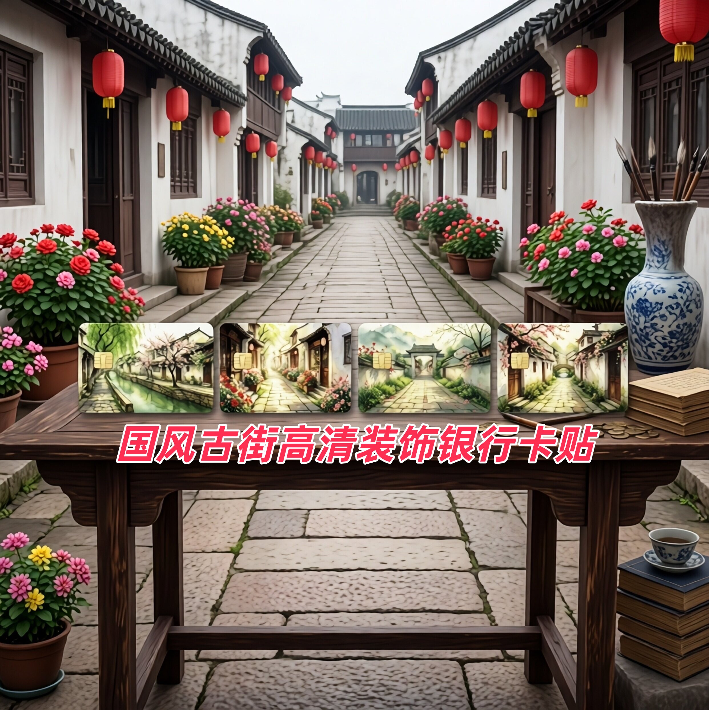 国风古街高清装饰卡贴信用卡银行卡学生饭卡交通卡校园卡员工门禁卡餐厅会员卡贴纸防水防刮防潮