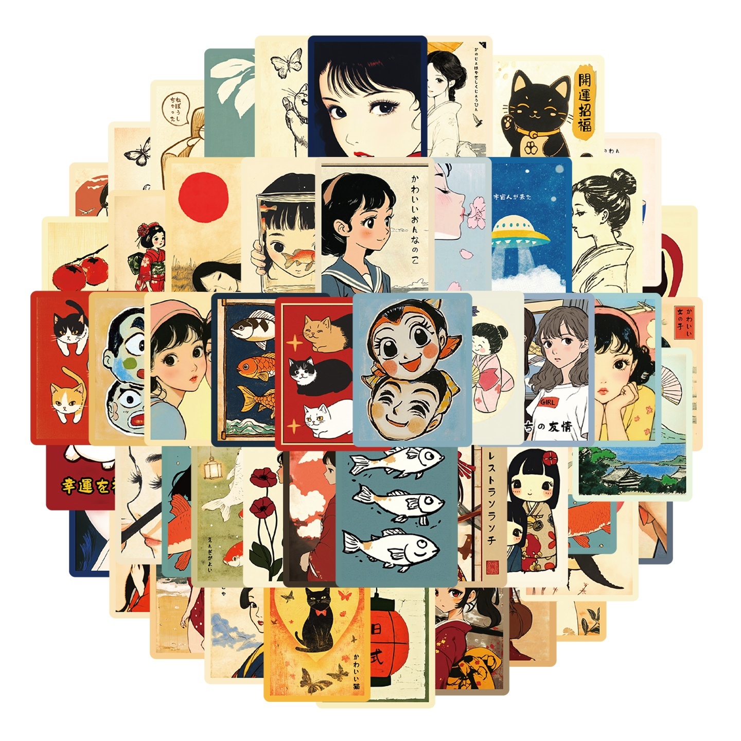 50张日式复古卡通贴画手账素材