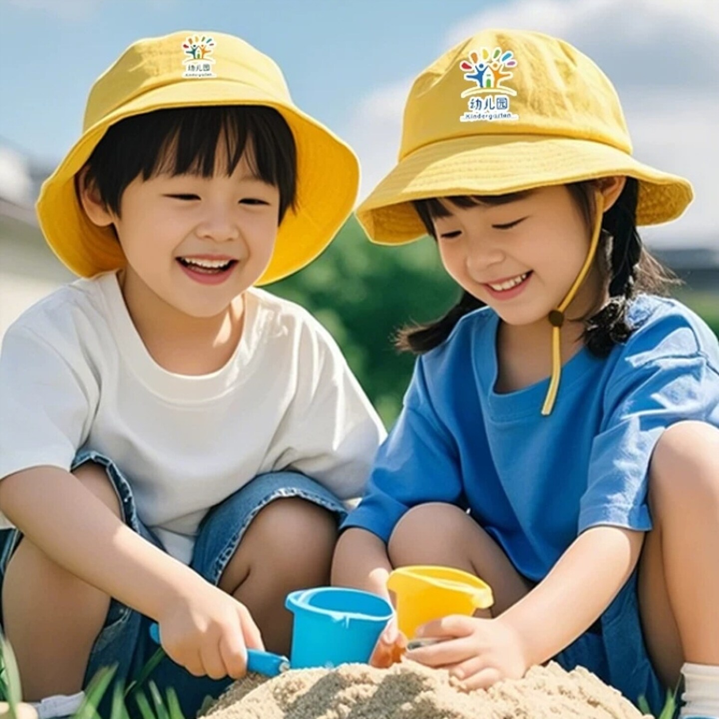 幼儿园专用小黄帽儿童户外春游小学生研学渔夫帽小帽防晒遮阳班帽