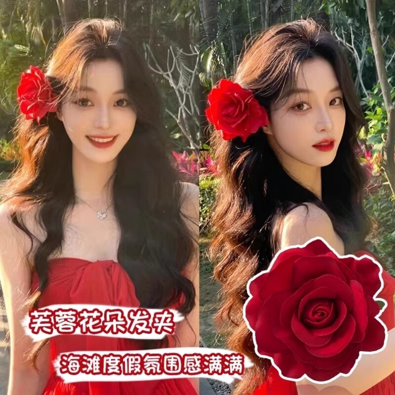 高级轻奢风氛围感红花头饰玫瑰花发夹边夹侧边新款大花朵头花发饰