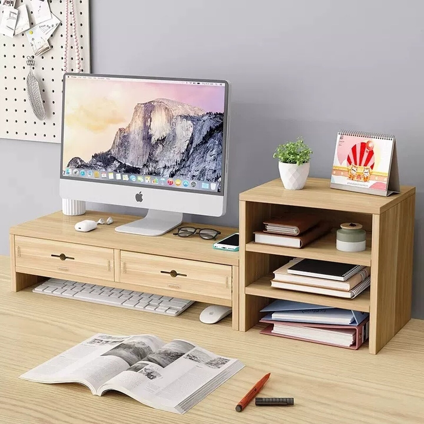 台式电脑增高架办公室桌面带抽屉显示器置物架垫高底座笔记本支架