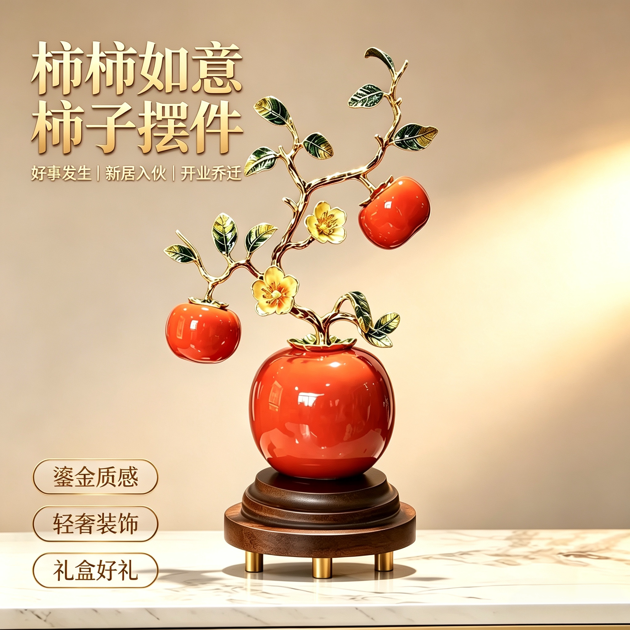 新中式柿柿如意珐琅吉祥摆件