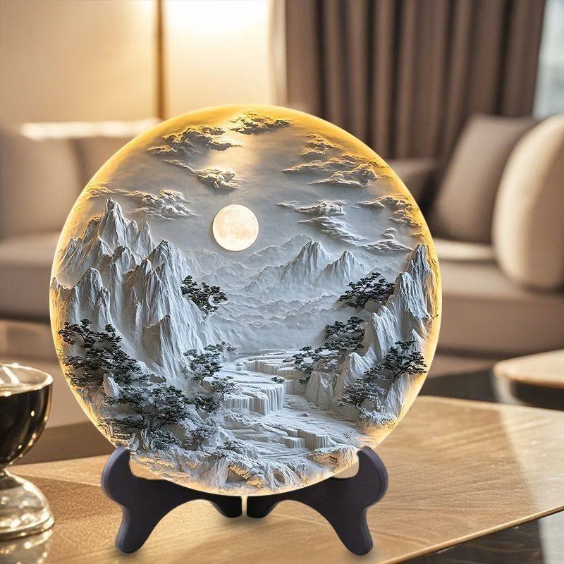 浮雕壁画立体感图片紧致圆盘摆台新中式客厅书房创意装饰桌面摆件