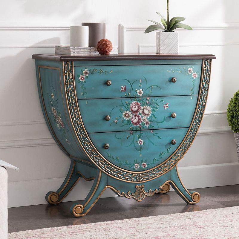 欧式玄子关柜台美式斗柜彩绘实木饰家柜走廊柜LNF装复古收纳柜具