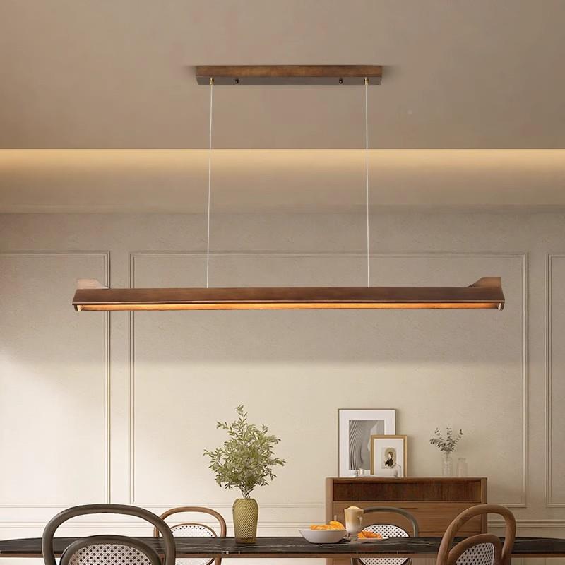 375禅意茶室实木条灯长吊新中式胡桃木色餐厅护眼灯书房餐一字吊