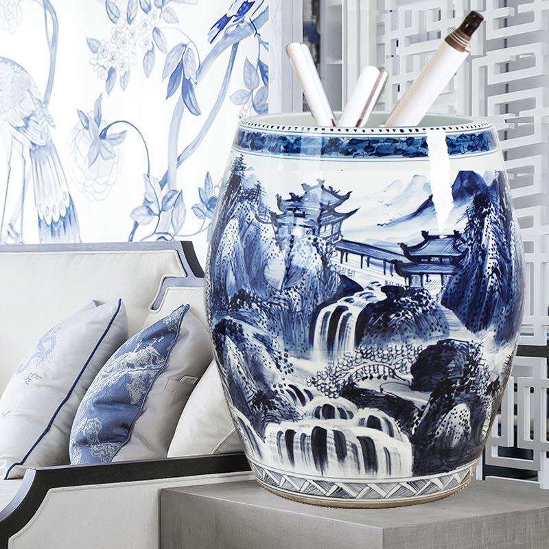 德镇陶瓷缸书画缸手OEC绘景青花瓷古瓷器画缸字画筒卷轴书房仿收