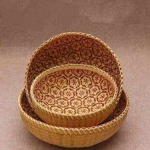 竹编篮果蔬菜工收纳篮子簸竹制手水箕产品圆形馒EIQ头筐