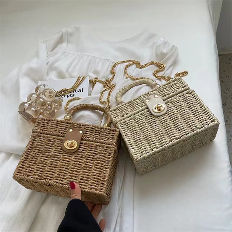 手提斜挎两用女包新款手拎休闲编织包日韩小方盒度假沙滩包草编包