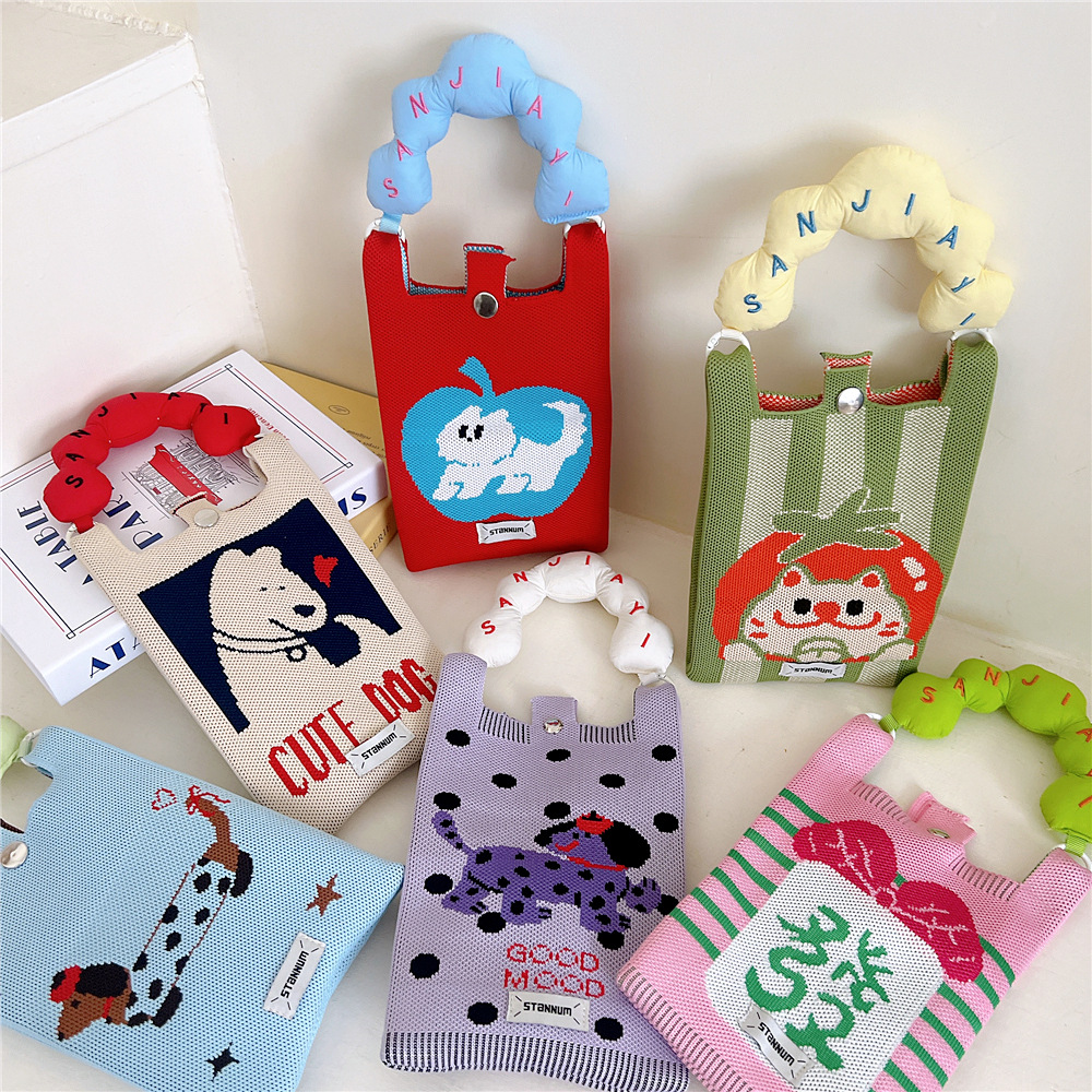 苹果针织手机包糖果色手柄迷你零钱包购物袋少女时尚单肩斜挎