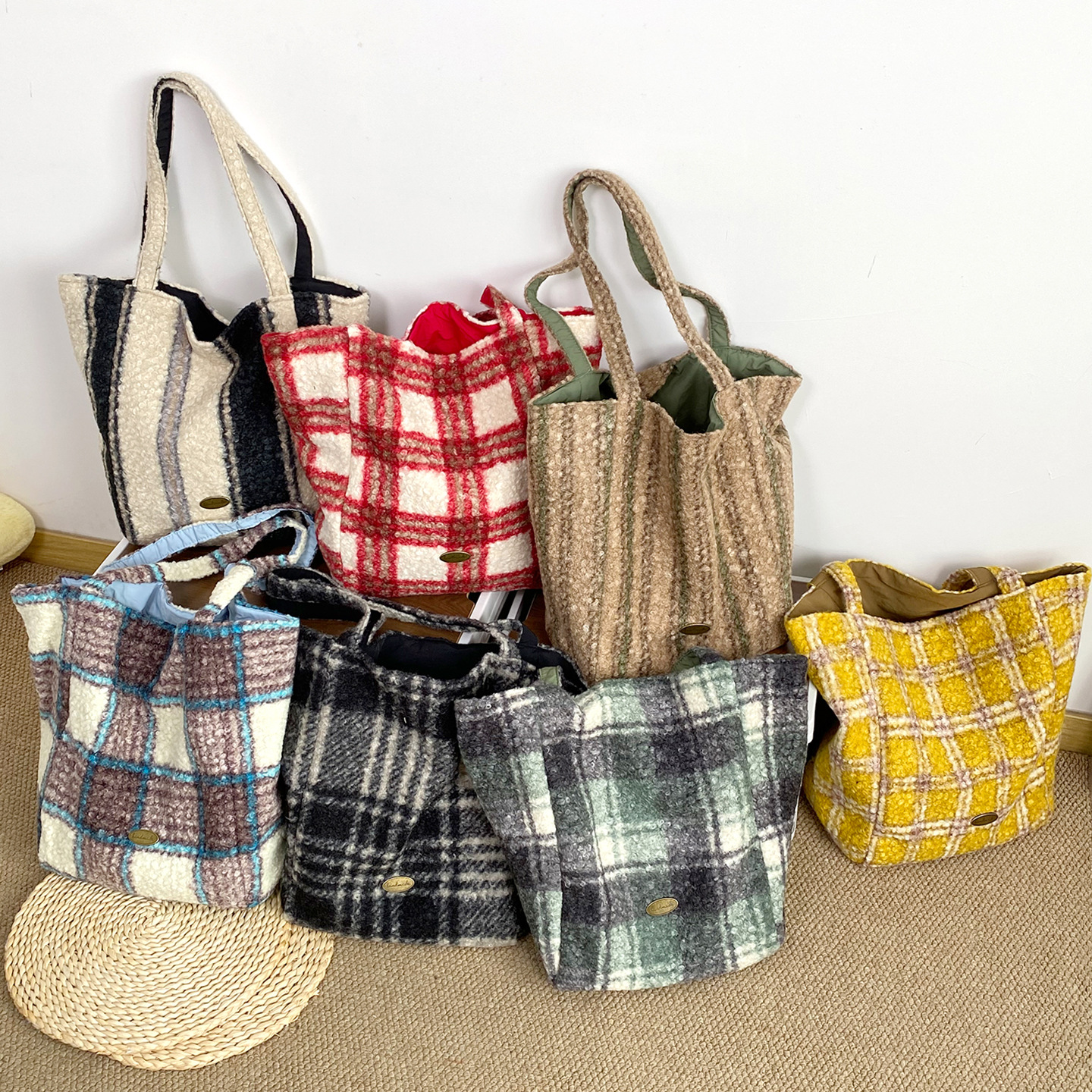 格子毛呢包2024秋冬新款毛绒