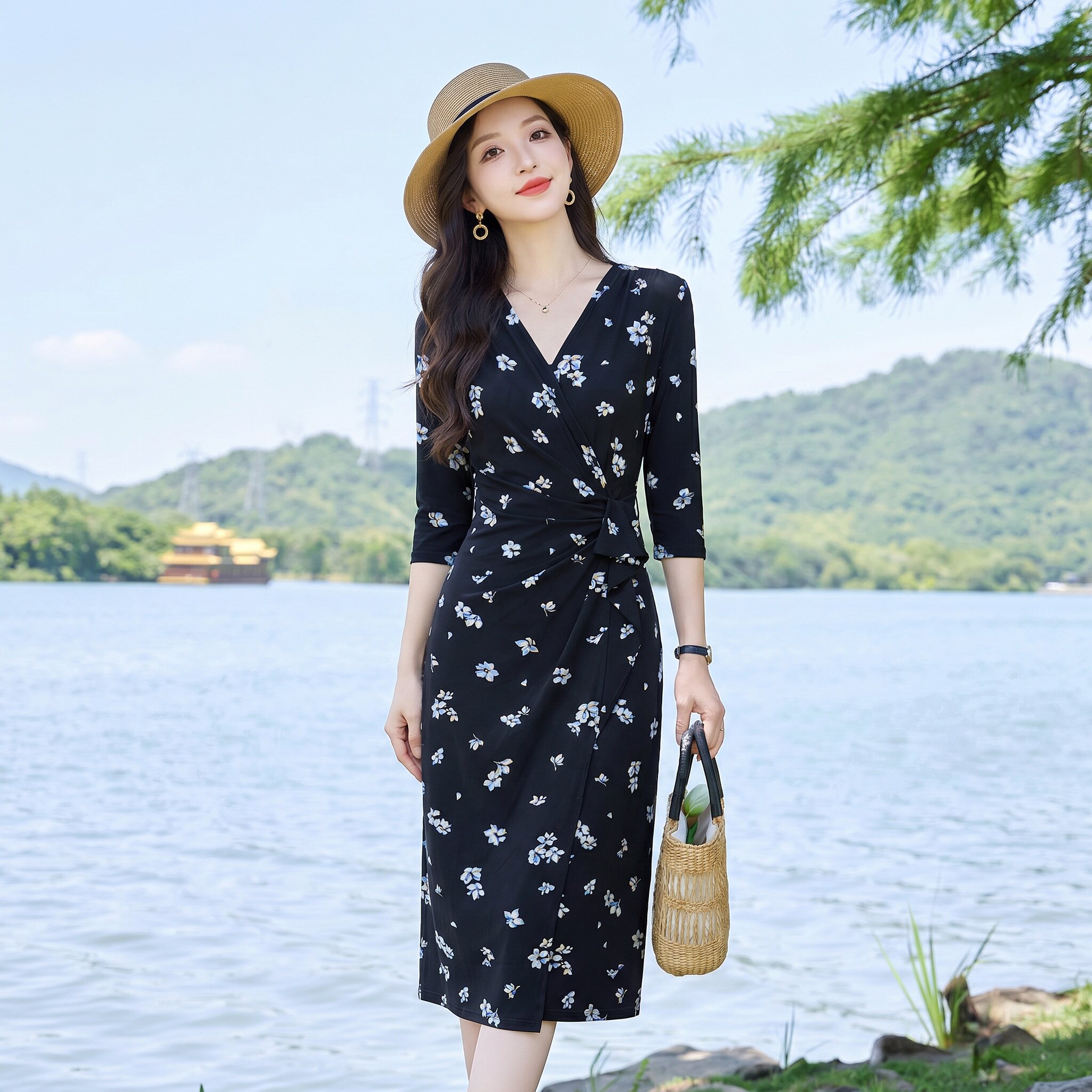 优雅V领碎花连衣裙女黑色收腰显瘦中长裙春夏天中年女士妈妈裙子