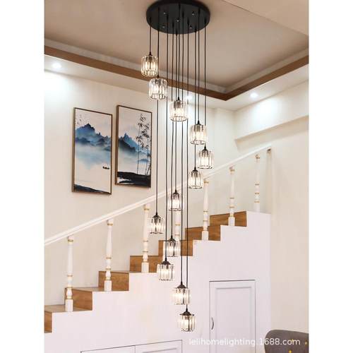 古旋复转楼头梯吊灯轻复10066式别墅中空客厅奢新餐厅中式多水晶