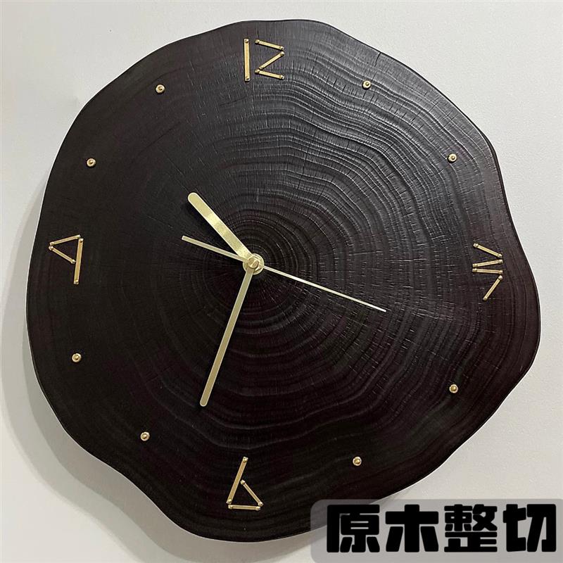 侘寂客厅原木挂钟实木质艺术简约时钟静音新中式卧室网红钟表黑色