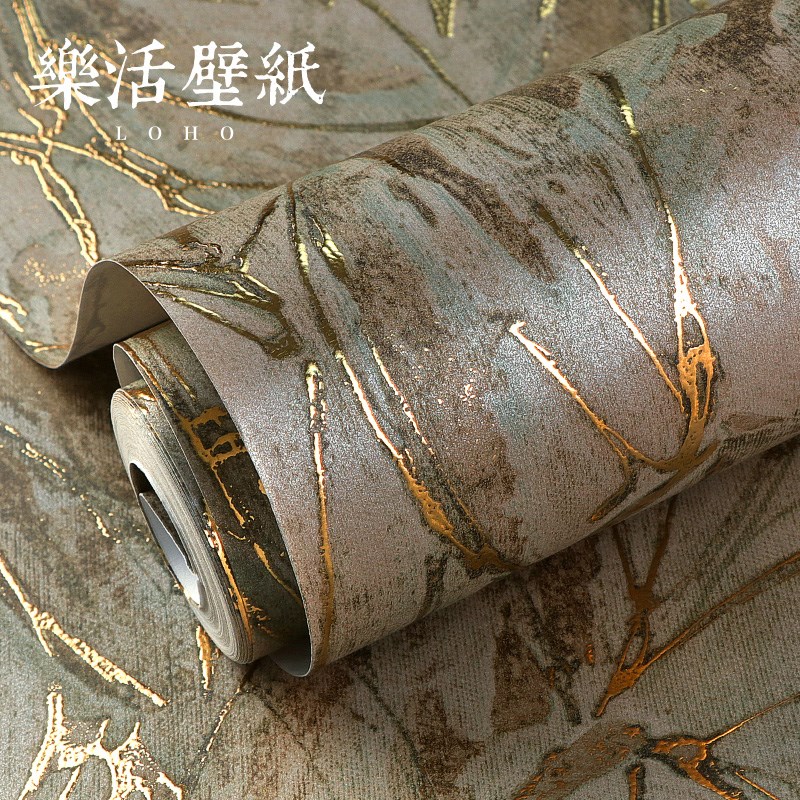 东南亚金色烫金蓝色叶子树叶无纺布墙纸复古法式卧室客厅背景壁纸