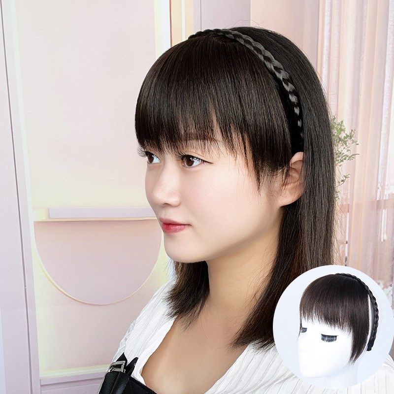 2024新款辫子发箍刘海一体真发碎齐头帘前额鬓角遮白发假发片女