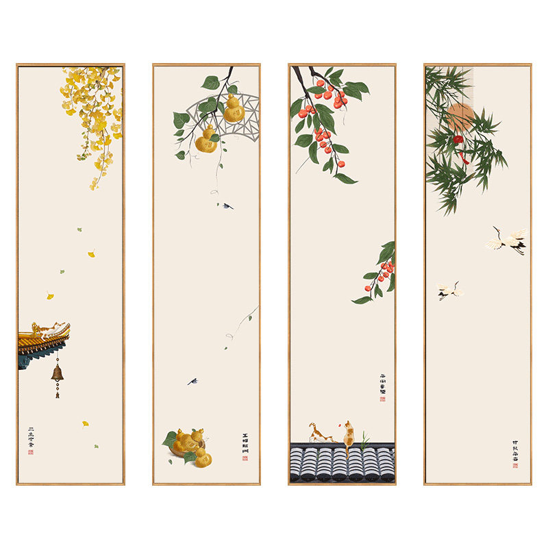 新中式客厅沙发背景墙装饰画花卉餐厅挂画餐桌墙面壁画四联画