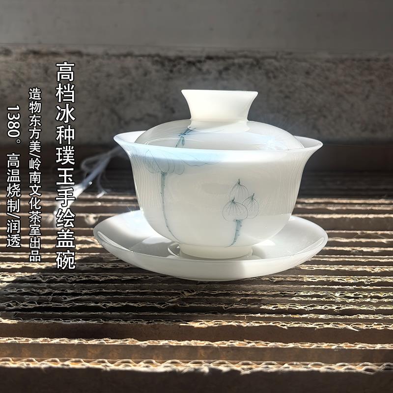 高温瓷釉下彩手绘青花三才盖碗可悬停薄胎德化白瓷茶具陶瓷泡茶碗