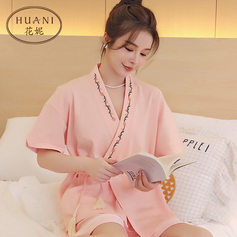 新中式睡衣女夏季2024新款汉服系带和服家居服短袖短裤古风绣花