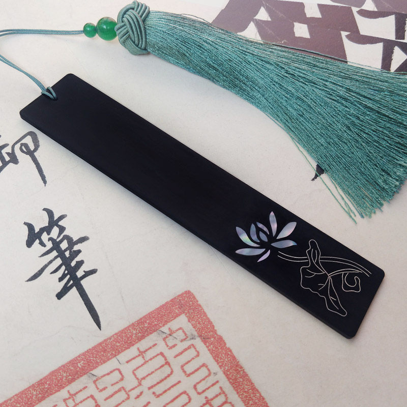 黑檀木荷花古风书签定制古典中国风文艺简约螺钿镶嵌银丝精美刻字