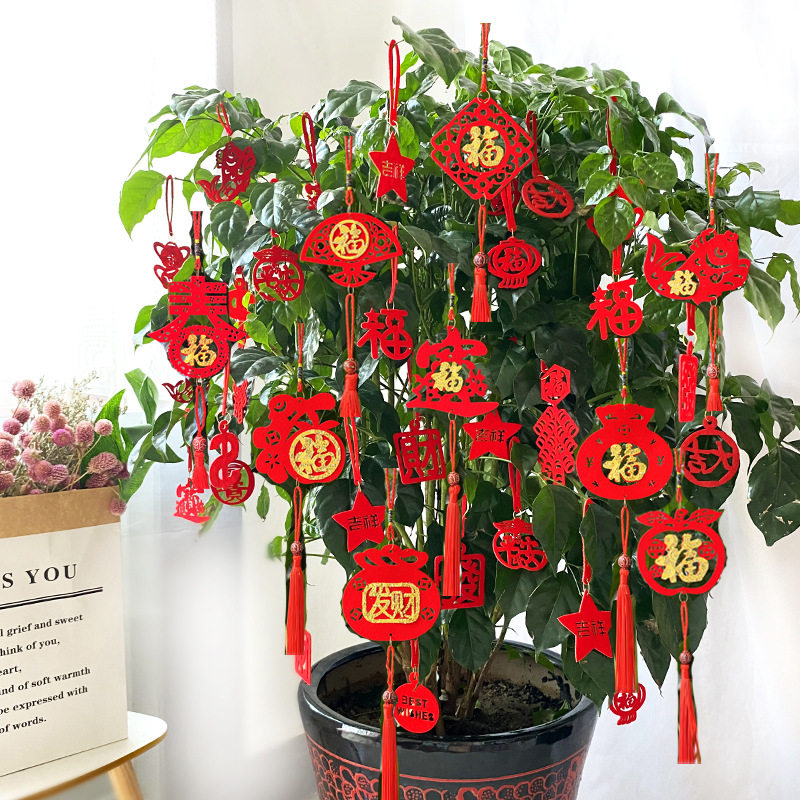 植绒小红灯笼挂饰树上盆景新年元旦装饰场景布置春节盆栽小挂件