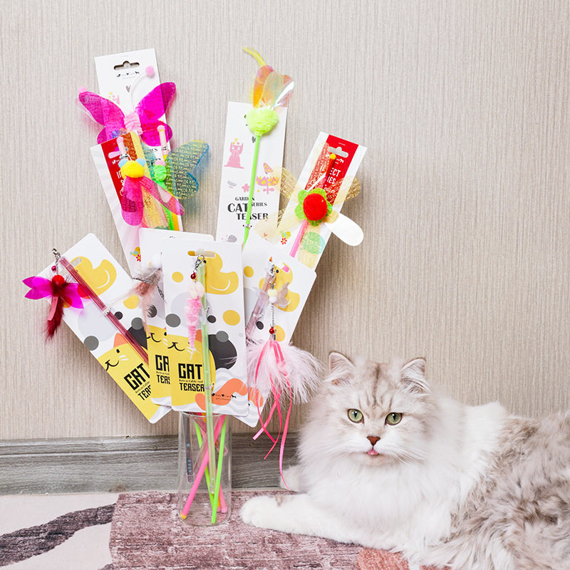 Amy&Carol逗猫棒羽毛亮片响纸铃铛毛绒球伸缩解闷玩具昆虫逗猫棒