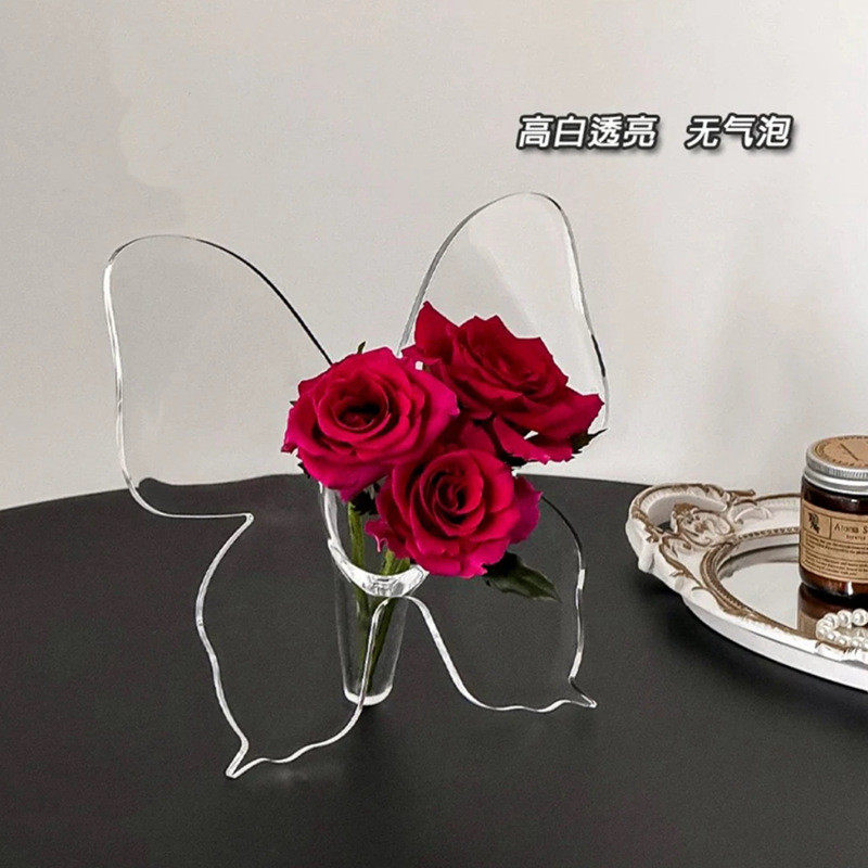 桌面高级感透明蝴蝶花瓶玄关插花器摆件亚克力ins风蝴蝶造型花瓶