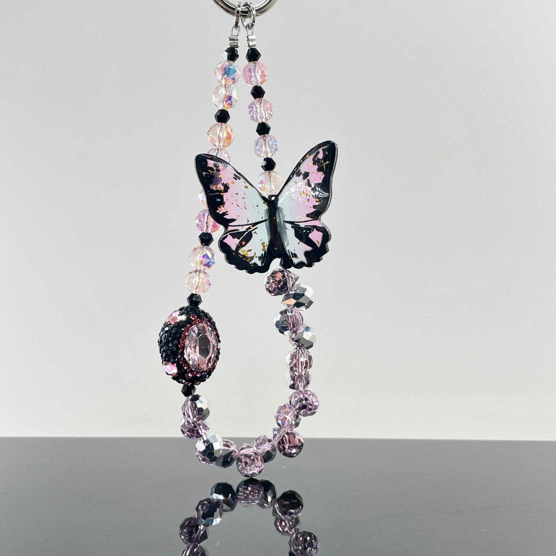 新中式轻奢爆闪蝴蝶手机链小众设计串珠包包挂饰小香风挂绳钥匙扣闪钻高级链子高颜值时尚潮流防摔手链腕带