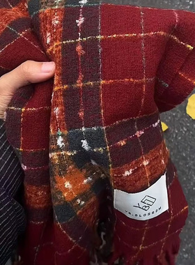 围巾红色格子新款百搭保暖复古围脖披肩格纹秋冬满目星辰安克拉红