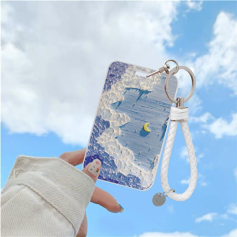创意清新油画月亮公交卡保护套学生饭卡校园门禁地铁门卡套钥匙扣女款学生饭卡校园门禁地铁门卡套钥匙扣女款