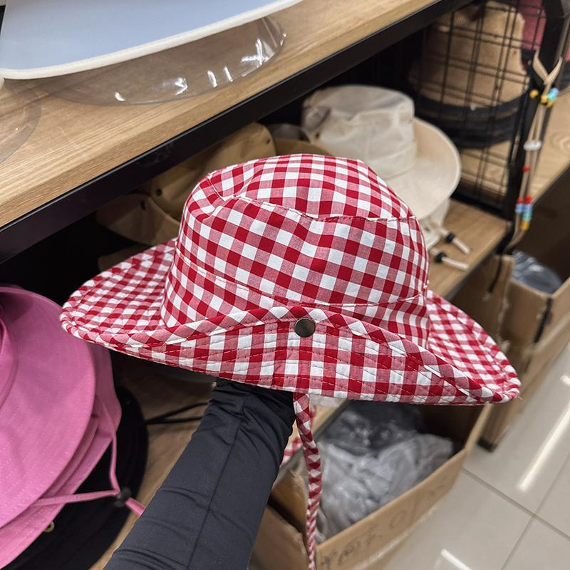 韩国代购东大门新款红色甜美格子渔夫帽女春夏百搭遮阳盆帽显脸小